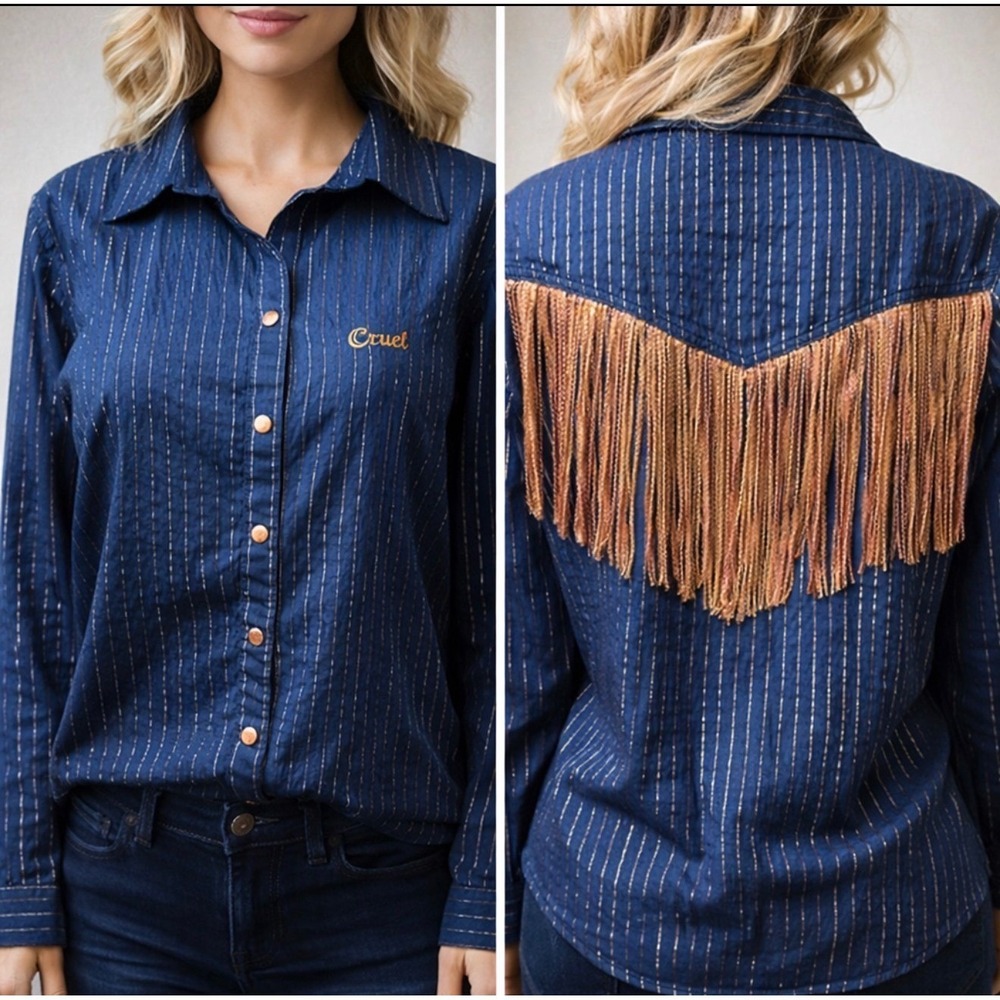 Cruel Girl Blue Snap Button Down Shirt. Silver Stripes, Rodeo, Western, cowgirl‎